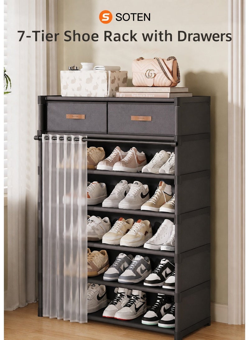 SOTEN 7-Tier Shoe Rack Shoe Cabinet with Drawers, Entryway Vertical Shoe Storage Organizer with Dustproof Curtain, Multi-Layer Freestanding Shoe Cabinet for Entryway, Hallway, Apartment & Small Spaces - Image 1