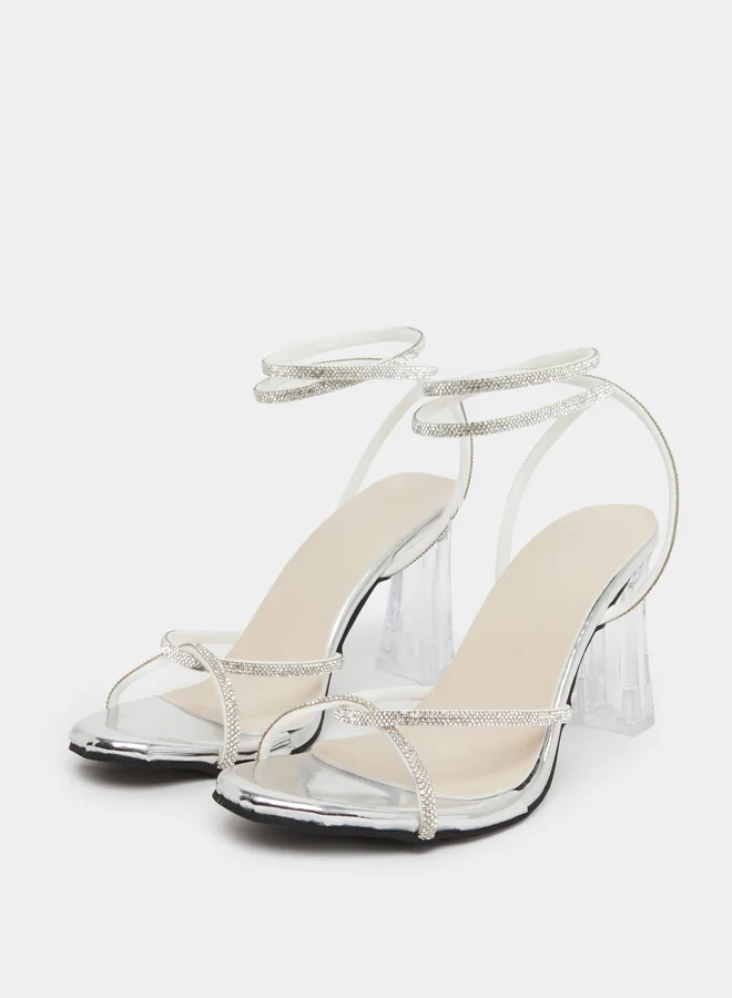Take Two Silver Rhinestone Ankle Strap High Heel Sandals