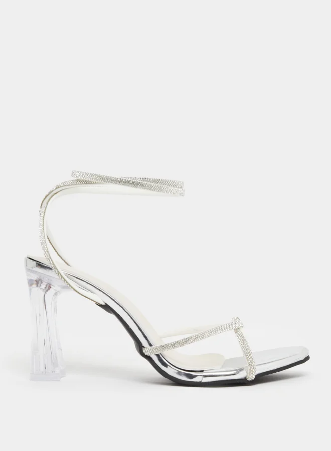 Take Two Silver Rhinestone Ankle Strap High Heel Sandals