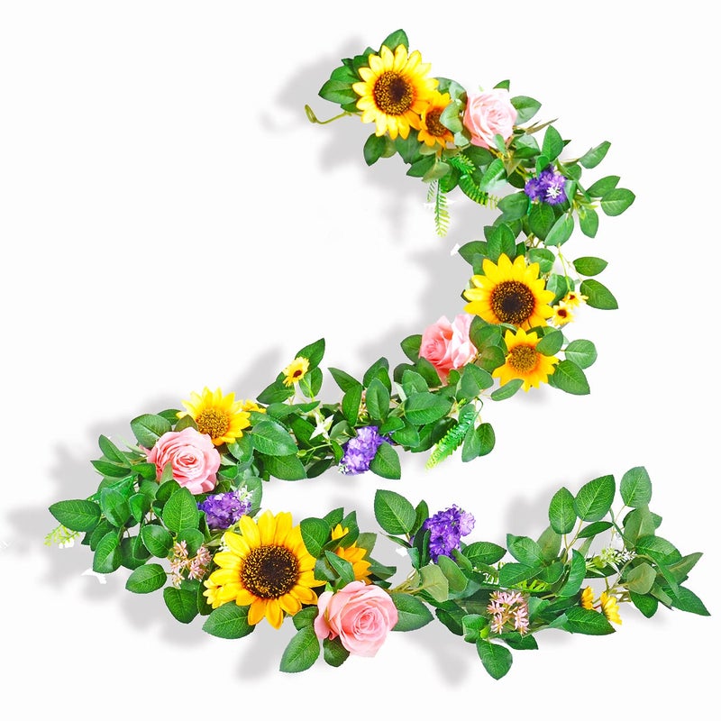 Naidiler Artificial Flower Garland Sunflower  Rose Vines Boho Wedding  Birthday Decor 6ft Straight Pink  Yellow Fabric  Plastic