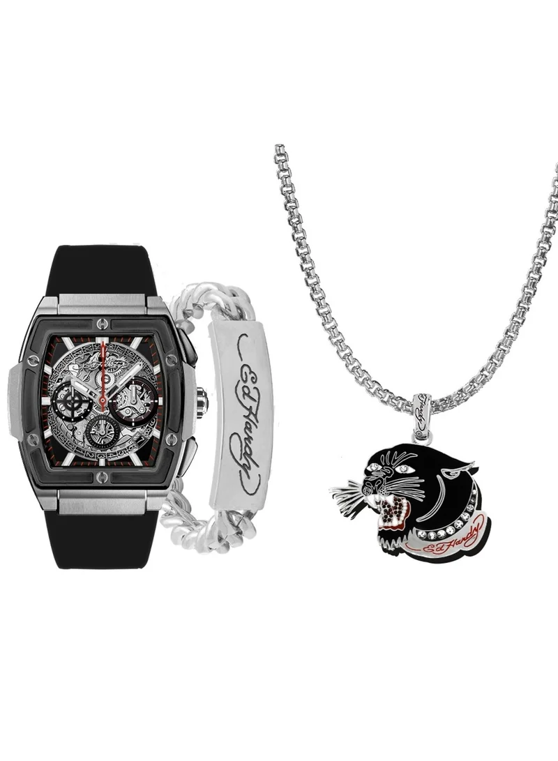 Ed Hardy Ed Hardy Men'S Analog Watch with Black Silicone Strap, with Matching Bracelet and Necklace Set, 9751S-42-B02
