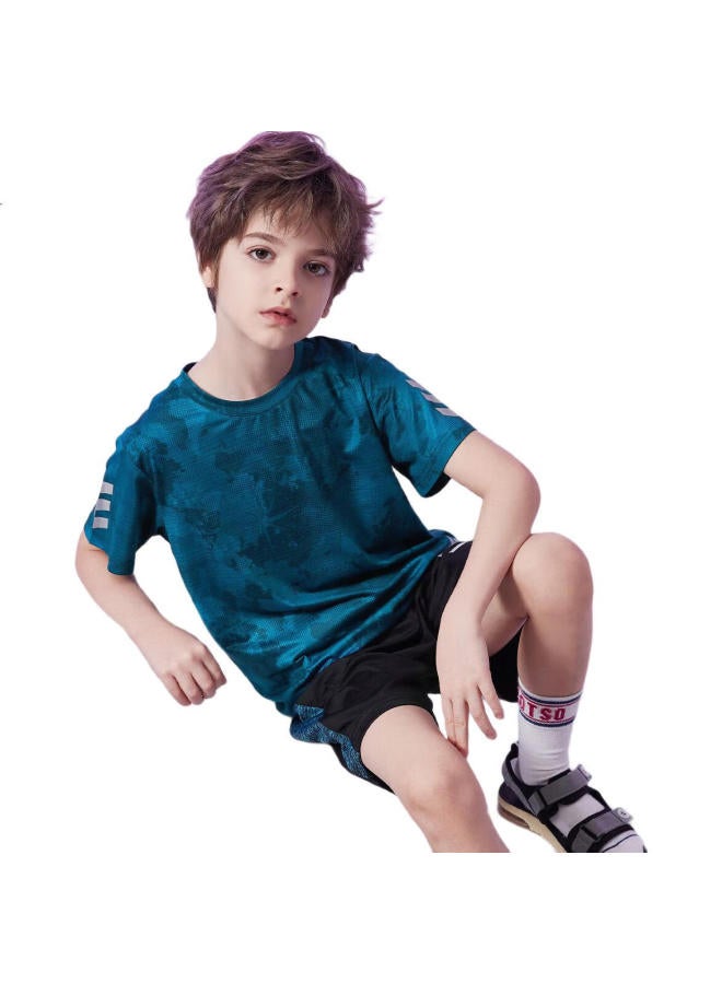 Ask Junior Boys' Summer Thin Breathable Short Sleeve T-Shirt And Shorts Quick Dry Sports Running Two-Piece Set Blue 110 - Image 1