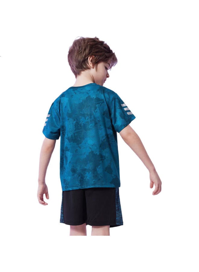 Ask Junior Boys' Summer Thin Breathable Short Sleeve T-Shirt And Shorts Quick Dry Sports Running Two-Piece Set Blue 110 - Image 3