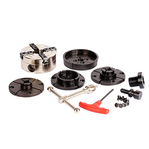 VINWOX 3-1/2INCH Self-Centering Wood Lathe Key Chuck Set, Round Jaw Mounted, with Step Jaw, Pin Jaw & Wide Jaw, 1"x8TPI Thread & 3/4"x16TPI Adapter, SCK4-3.5NV-SET, Nickle Coating NOVA Chuck Body - Image 1