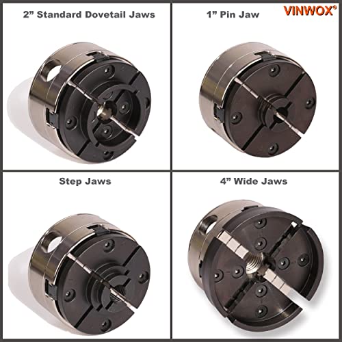 VINWOX 3-1/2INCH Self-Centering Wood Lathe Key Chuck Set, Round Jaw Mounted, with Step Jaw, Pin Jaw & Wide Jaw, 1"x8TPI Thread & 3/4"x16TPI Adapter, SCK4-3.5NV-SET, Nickle Coating NOVA Chuck Body - Image 5