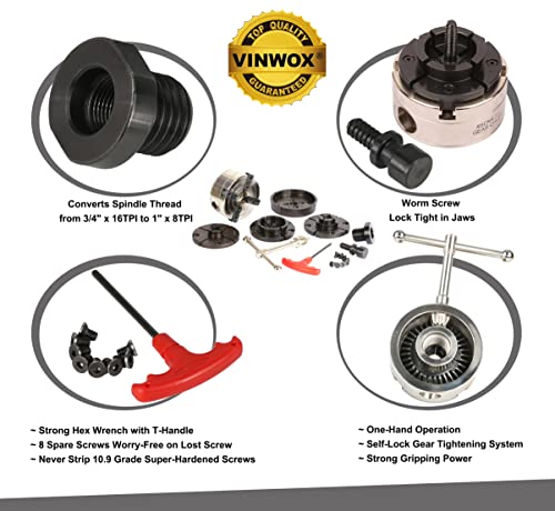 VINWOX 3-1/2INCH Self-Centering Wood Lathe Key Chuck Set, Round Jaw Mounted, with Step Jaw, Pin Jaw & Wide Jaw, 1"x8TPI Thread & 3/4"x16TPI Adapter, SCK4-3.5NV-SET, Nickle Coating NOVA Chuck Body - Image 2
