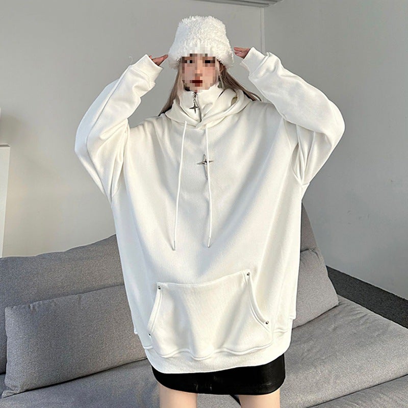 Black Hooded Sweatshirt Mens Autumn New American Retro Trendy Brand Loose Casual Top Niche Design Sense Jacket White regular  - Image 1