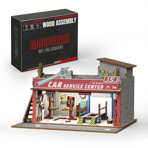 MOCBURIKU 164 Scale Wooden Diorama Display Case with LED Lights Diecast Car Storage Garage for Hot Wheels Matchbox Display Holds 4 Model Cars 139PCS Auto Repair Shop - Image 1