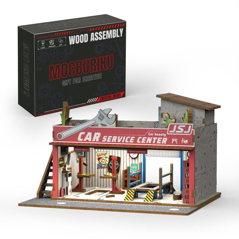 MOCBURIKU 164 Scale Wooden Diorama Display Case with LED Lights Diecast Car Storage Garage for Hot Wheels Matchbox Display Holds 4 Model Cars 139PCS Auto Repair Shop - Image 3