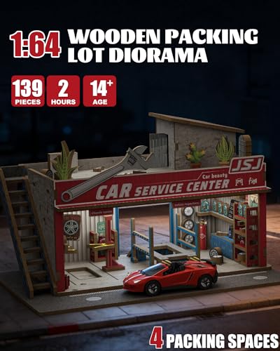 MOCBURIKU 164 Scale Wooden Diorama Display Case with LED Lights Diecast Car Storage Garage for Hot Wheels Matchbox Display Holds 4 Model Cars 139PCS Auto Repair Shop - Image 5
