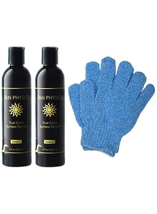 Tan Physics Sunless Tanner 8oz (Pack of 2) with Exfoliation Gloves – Self Tanning Lotion – Instant Tanning Lotion for Face & Body – Natural Self Tanner for a Streak-Free,Long-Lasting Glow - Image 1