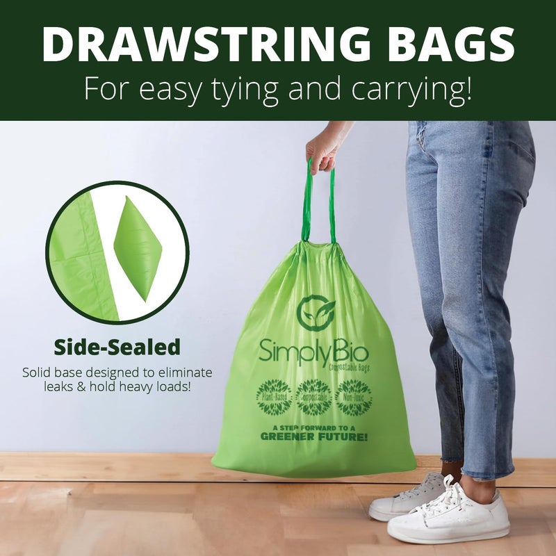 Simply Bio 13 Gallon Compostable Trash Bags Liners Drawstring, Heavy Duty Extra Thick 1 Mil, 49.21 Liter, 30 Bags, Tall Kitchen Food Scrap Waste Bag, ASTM D6400, US BPI and OK Compost Home Certified - Image 3