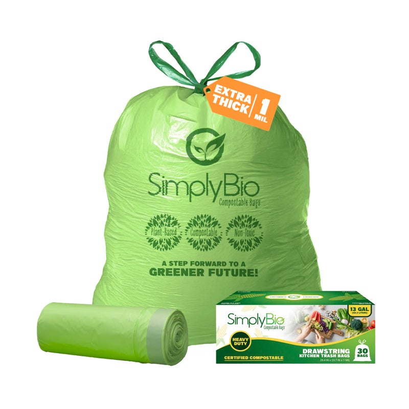 Simply Bio 13 Gallon Compostable Trash Bags Liners Drawstring, Heavy Duty Extra Thick 1 Mil, 49.21 Liter, 30 Bags, Tall Kitchen Food Scrap Waste Bag, ASTM D6400, US BPI and OK Compost Home Certified - Image 1