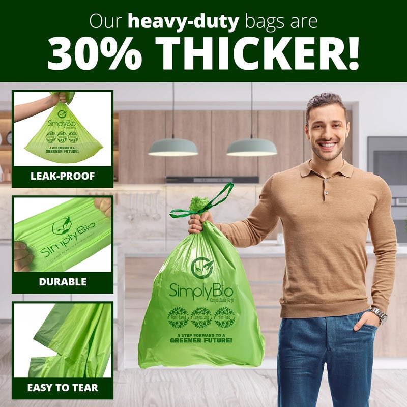 Simply Bio 13 Gallon Compostable Trash Bags Liners Drawstring, Heavy Duty Extra Thick 1 Mil, 49.21 Liter, 30 Bags, Tall Kitchen Food Scrap Waste Bag, ASTM D6400, US BPI and OK Compost Home Certified - Image 4
