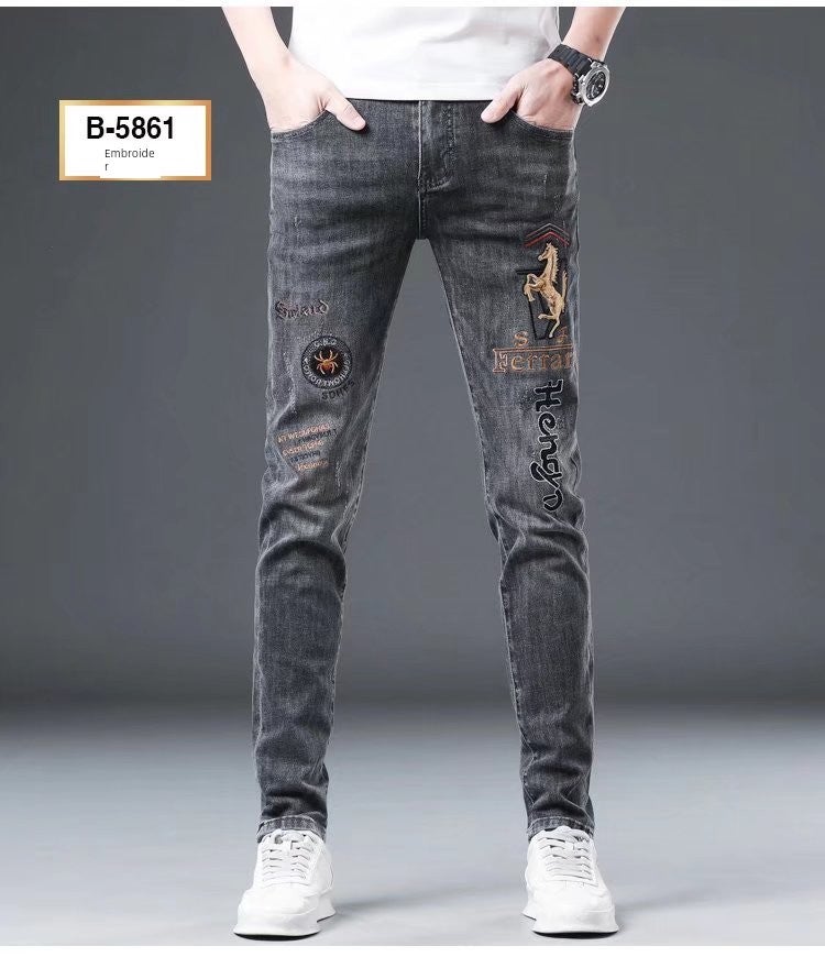 Spring and autumn new men's embroidered jeans men's slim-fit small feet elastic casual Korean style trendy black pants men - Image 2