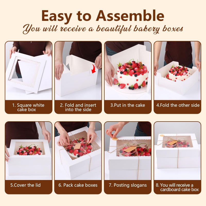 NEOACT 12x12x6 Bulk 4 Pcs Cake Boxes 12 Inch Square Cake Boxes with Window, Cake Containers with Lids, Disposable Bakery Boxes for Valentine's Day,Easter, Mother's Day, Cookies, Large Pastries - Image 3