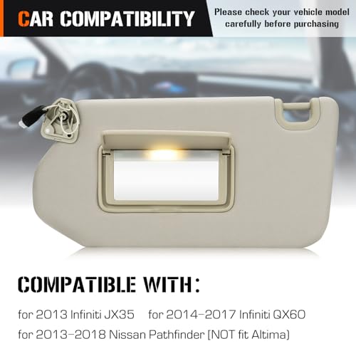 AEagle Sun Visor with Light for 2013-2018 Nissan Pathfinder, 2014-2017 Infiniti QX60, 2013 JX35, Left Driver Side Beige Sunvisor Replacement 96401-9PB0A - Image 2