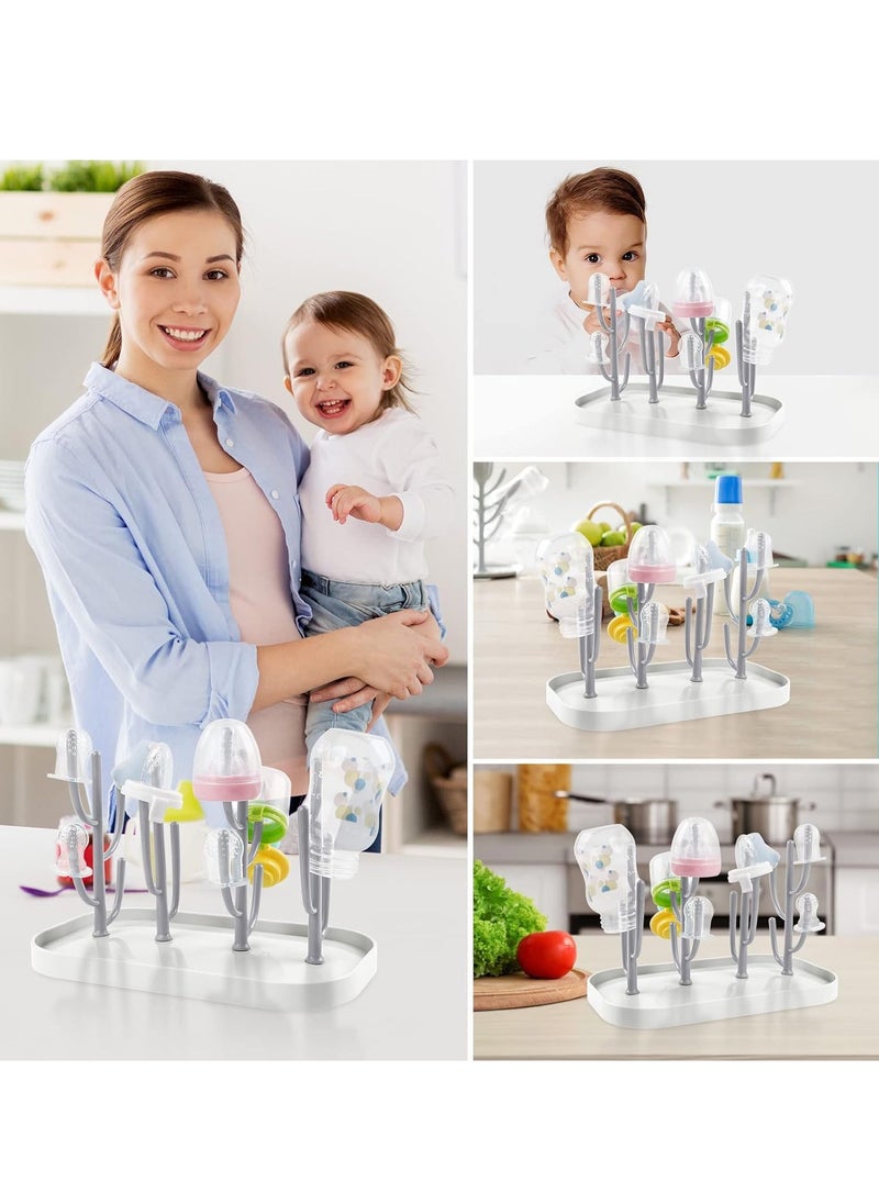 Baby Bottle Drying Rack - Detachable Dryer with Bottle Holder for Glass Nipples (Grey)