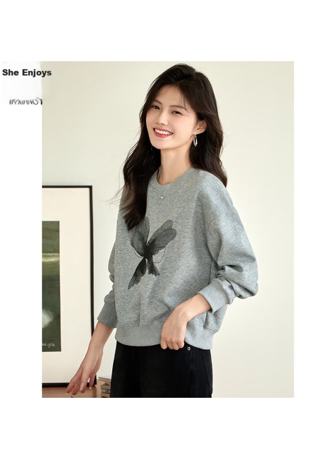 She enjoys She Xiang Round Neck Sweatshirt, Women's Casual Versatile Age-reducing Printed Top, Spring And Autumn Short Pullover Jacket, T143w1026 - Image 1
