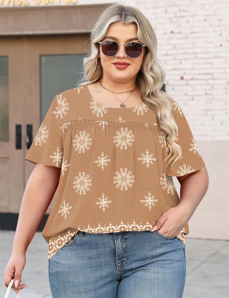 Micoson Womens Tops Plus Size Chiffon Shirts Short Sleeve Pleated Tunic Tops Dressy Crewneck Blouse,Khaki Print 4XL - Image 4