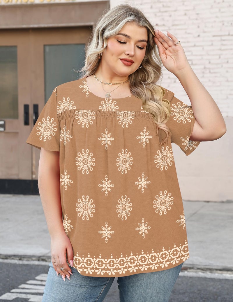 Micoson Womens Tops Plus Size Chiffon Shirts Short Sleeve Pleated Tunic Tops Dressy Crewneck Blouse,Khaki Print 4XL - Image 5