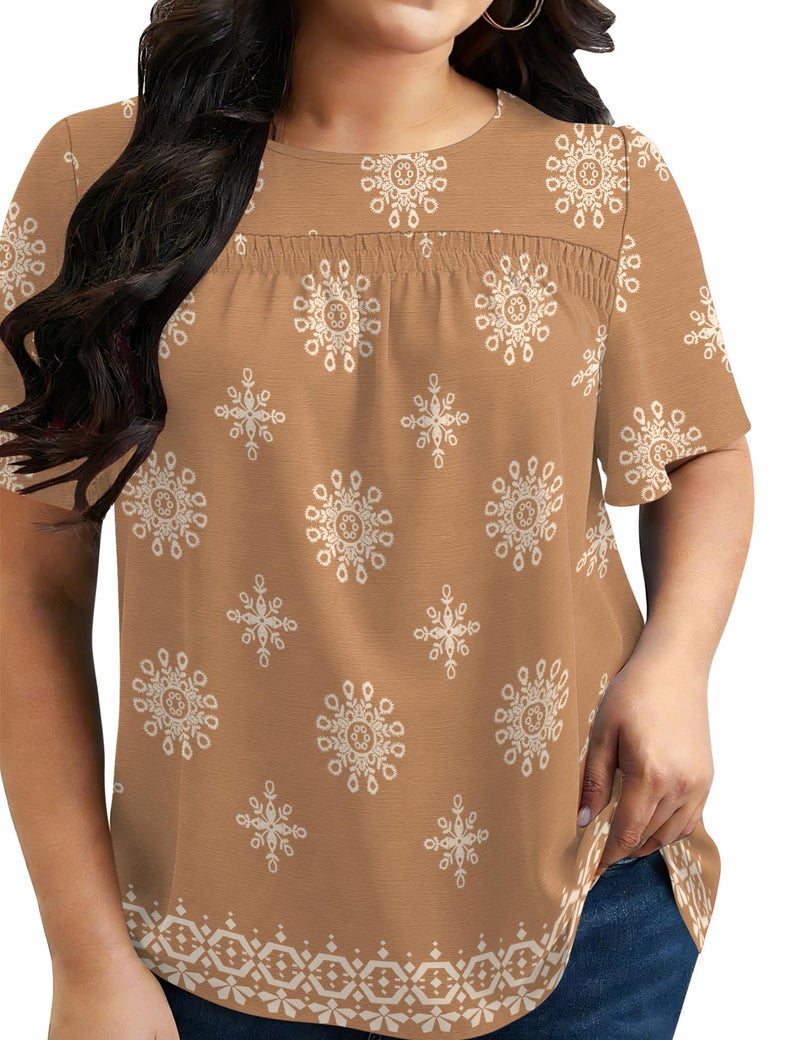 Micoson Womens Tops Plus Size Chiffon Shirts Short Sleeve Pleated Tunic Tops Dressy Crewneck Blouse,Khaki Print 4XL - Image 1