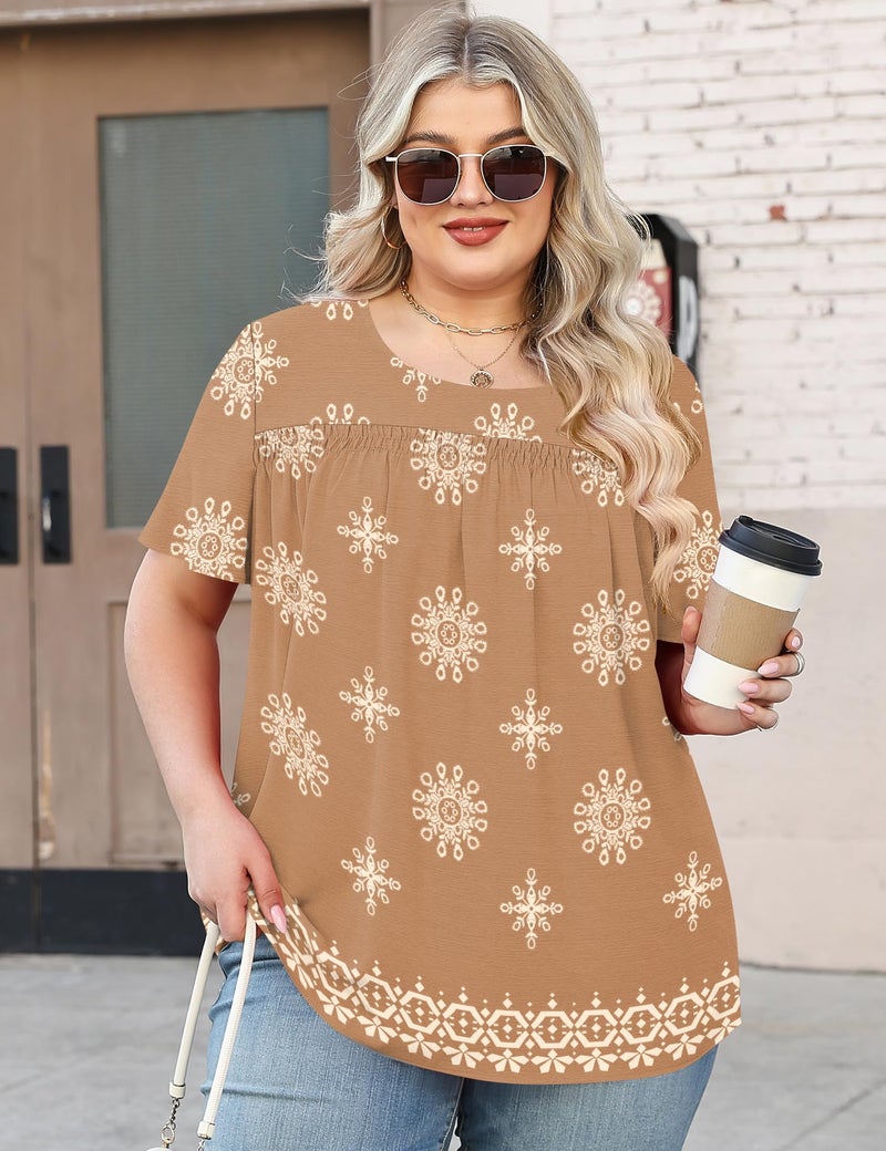 Micoson Womens Tops Plus Size Chiffon Shirts Short Sleeve Pleated Tunic Tops Dressy Crewneck Blouse,Khaki Print 4XL - Image 3