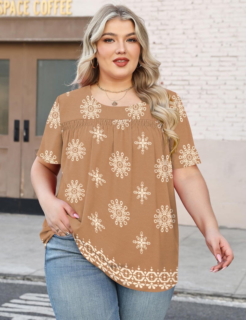 Micoson Womens Tops Plus Size Chiffon Shirts Short Sleeve Pleated Tunic Tops Dressy Crewneck Blouse,Khaki Print 4XL - Image 2