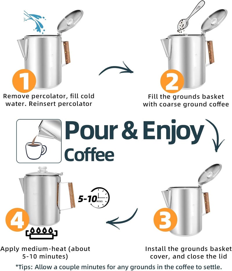 MEREZA Camping Coffee Pot Stovetop Coffee Maker Percolator Campfire Coffee Pot Stainless Steel Coffee Pot Camping Outdoors Home 9 Cup No Aluminum & Plastic Fast Brew - Image 5