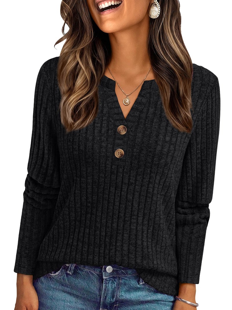 AUTOMET Women's Long Sleeve Henley Shirts Fall Lightweight Sweaters Dressy Casual Tunic Tops Fashion Clothes 2026 Black M - Image 1