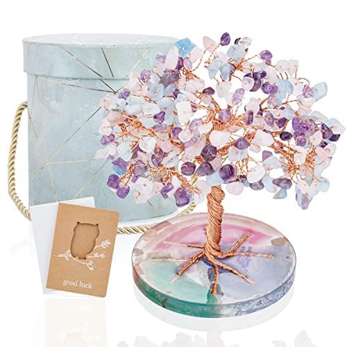 ZenBless 7 Chakra Healing Crystals Stones Tree, Amethyst, Pink Crystal, Aquamarine Leaf Wire Wrapped on Natural Agate Slice Base, Home Office Desk Living Room Feng Shui Decoration for Luck - Image 2