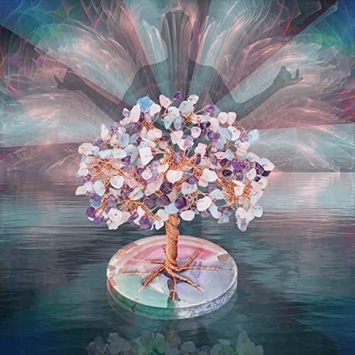 ZenBless 7 Chakra Healing Crystals Stones Tree, Amethyst, Pink Crystal, Aquamarine Leaf Wire Wrapped on Natural Agate Slice Base, Home Office Desk Living Room Feng Shui Decoration for Luck - Image 4
