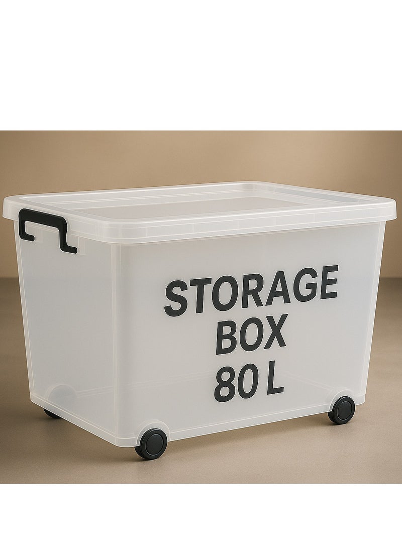 ALMUFARREJ Plastic Storage Box Multipurpose Transparent Plastic Storage Box With Wheels And Lockable Lid 80L Clear/Black - Image 1