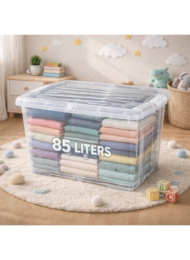 ALMUFARREJ Transparent Plastic Storage Box 85L with Wheels, Food-Grade Safe Material, Ideal for Storing Clothes, Toys, Books, Household Items, Blankets, and Baby Essentials - Image 2