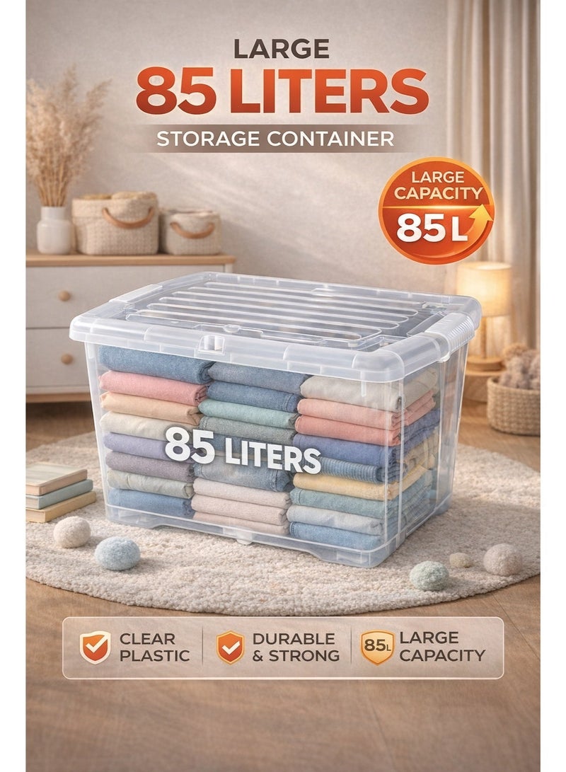 ALMUFARREJ Transparent Plastic Storage Box 85L with Wheels, Food-Grade Safe Material, Ideal for Storing Clothes, Toys, Books, Household Items, Blankets, and Baby Essentials - Image 1