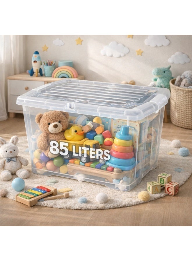 ALMUFARREJ Transparent Plastic Storage Box 85L with Wheels, Food-Grade Safe Material, Ideal for Storing Clothes, Toys, Books, Household Items, Blankets, and Baby Essentials - Image 3