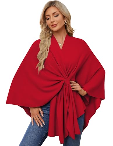 PULI Women's Elegant Shawl Wraps Soft Open Front Poncho Sweater for Spring Fall Winter red - Image 1