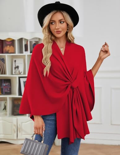 PULI Women's Elegant Shawl Wraps Soft Open Front Poncho Sweater for Spring Fall Winter red - Image 2