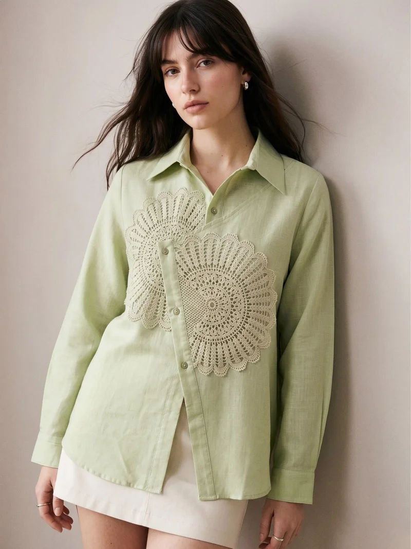 Sea Green Relaxed Fit Shirt With Asymmetric Center Front And Lace Patch Detail