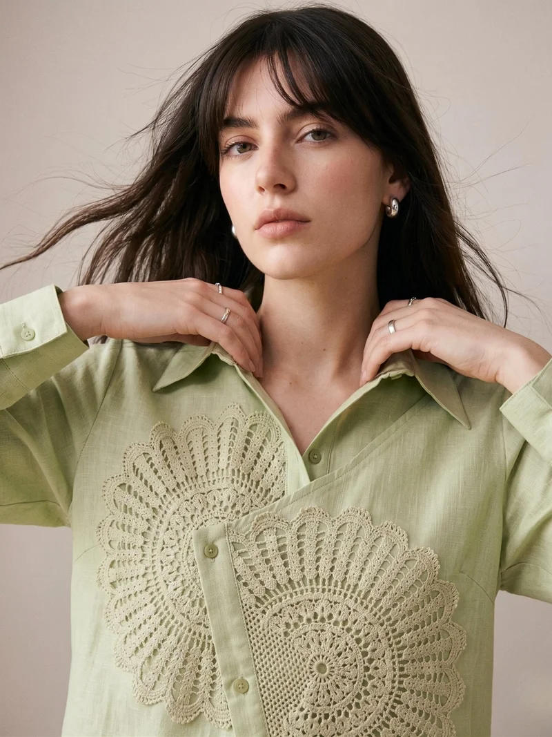 Outzidr  Sea Green Relaxed Fit Shirt With Asymmetric Center Front And Lace Patch Detail for Women | Best Price UAE
