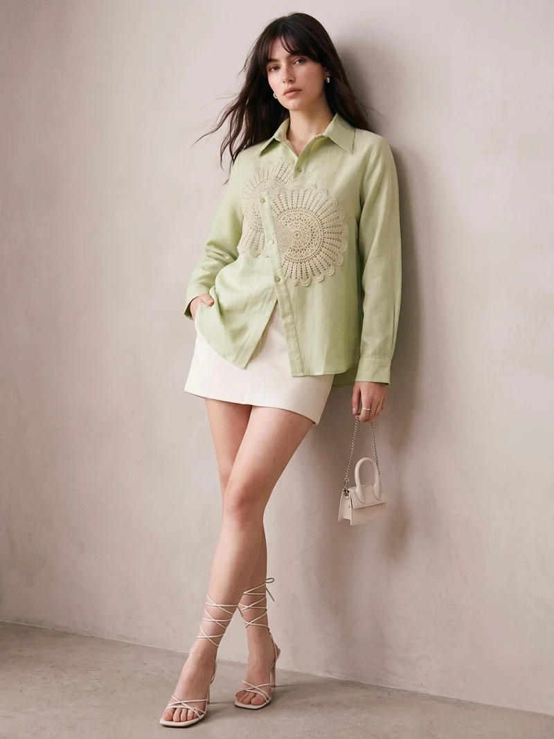 Outzidr  Sea Green Relaxed Fit Shirt With Asymmetric Center Front And Lace Patch Detail for Women | Best Price UAE
