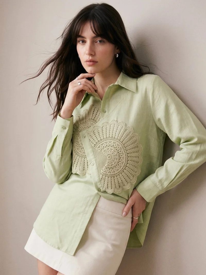 Outzidr  Sea Green Relaxed Fit Shirt With Asymmetric Center Front And Lace Patch Detail for Women | Best Price UAE