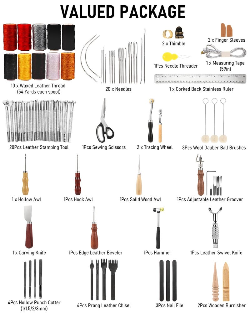 Nicpro مجموعة أدوات العمل بالجلد Nicpro 85 قطعة مع حقيبة تخزين مخصصة، أدوات صناعة الجلد للمبتدئين لتخريم وخياطة ونقش وقص وضرب الجلد - Image 3
