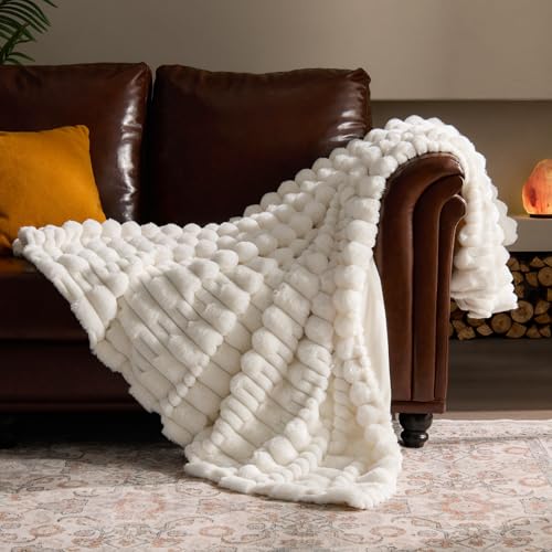 BEDELITE Faux Fur Cream Throw Blanket for Couch Super Soft Cozy Plush Striped Blanket for Sofa and Room Decor Luxury Fluffy AllSeason Blankets Gift for Women Men Mom Dad 50x60 inch Cream - Image 1