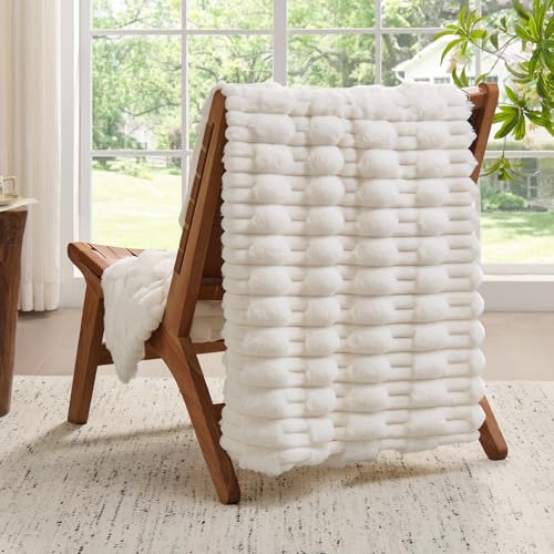 BEDELITE Faux Fur Cream Throw Blanket for Couch Super Soft Cozy Plush Striped Blanket for Sofa and Room Decor Luxury Fluffy AllSeason Blankets Gift for Women Men Mom Dad 50x60 inch Cream - Image 3