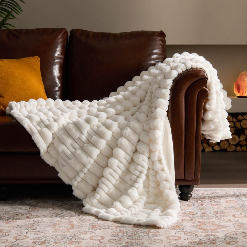 BEDELITE Faux Fur Cream Throw Blanket for Couch Super Soft Cozy Plush Striped Blanket for Sofa and Room Decor Luxury Fluffy AllSeason Blankets Gift for Women Men Mom Dad 50x60 inch Cream - Image 2