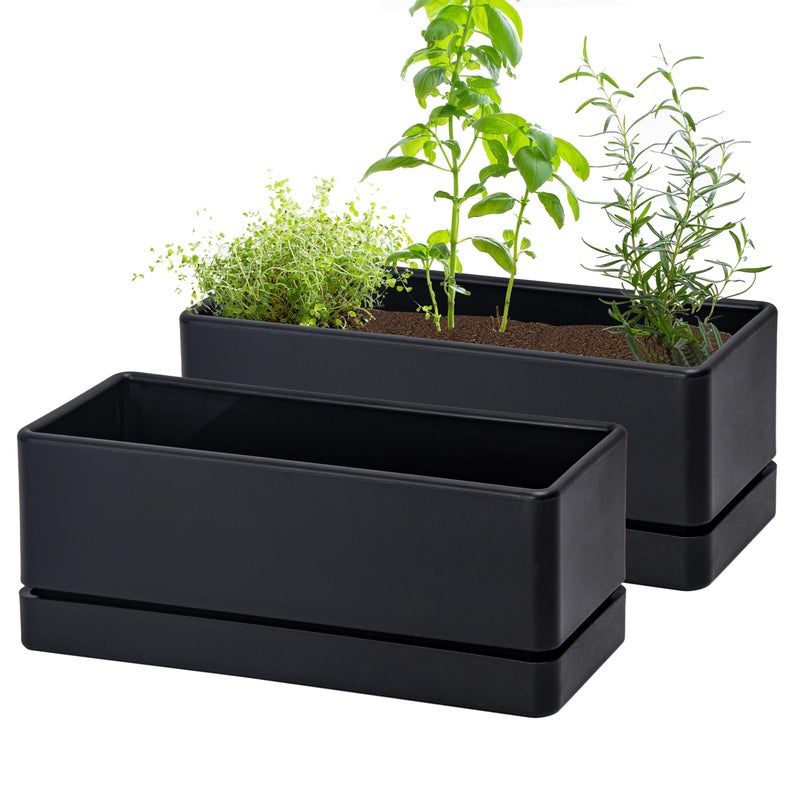 D'vine Dev 12 Inch Window Box Planter, Rectangle Plastic Herb Planter with Drainage Holes and Saucer, Indoor Succulent Cactus Vegetable Pot for Windowsill, Garden Balcony, Black, Set of 2, 76-X-B-2 - Image 1