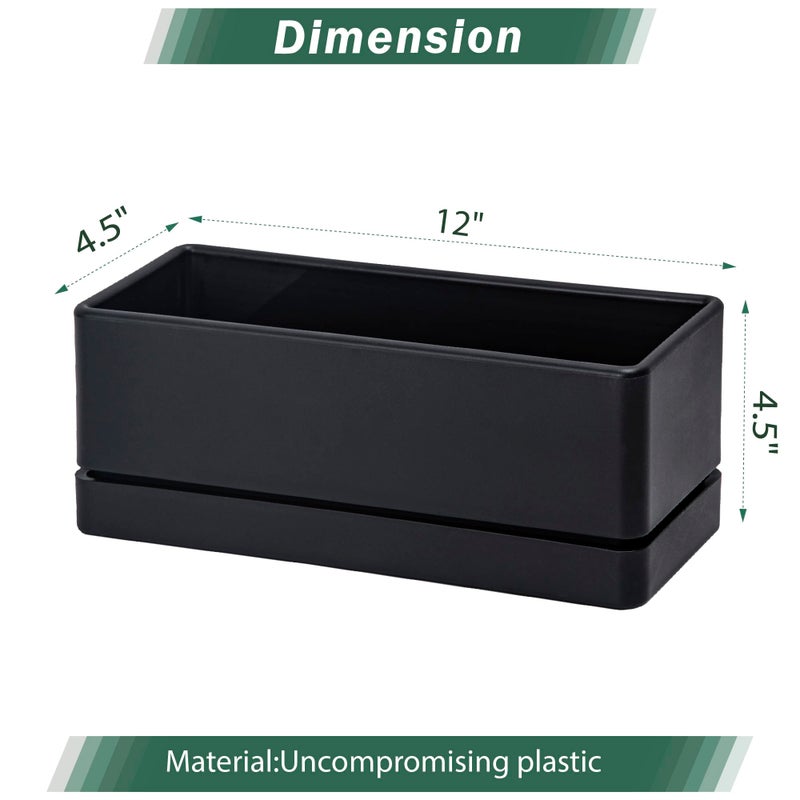 D'vine Dev 12 Inch Window Box Planter, Rectangle Plastic Herb Planter with Drainage Holes and Saucer, Indoor Succulent Cactus Vegetable Pot for Windowsill, Garden Balcony, Black, Set of 2, 76-X-B-2 - Image 2