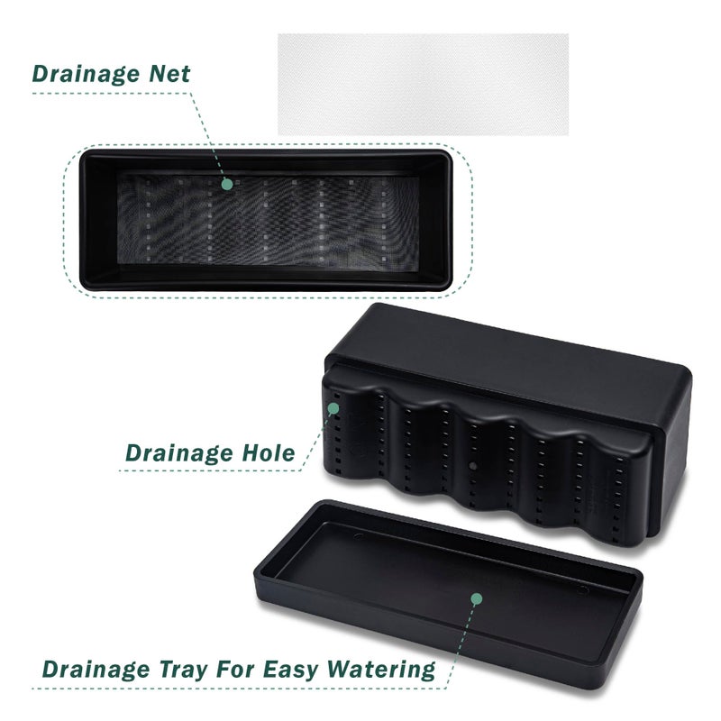 D'vine Dev 12 Inch Window Box Planter, Rectangle Plastic Herb Planter with Drainage Holes and Saucer, Indoor Succulent Cactus Vegetable Pot for Windowsill, Garden Balcony, Black, Set of 2, 76-X-B-2 - Image 4