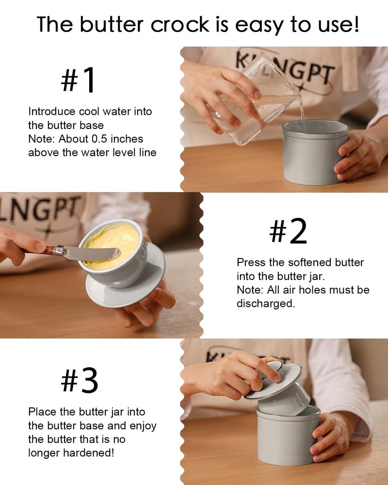 Jersinwei French Butter Dish, Butter Crock for Counter with Water Line, Ceramic Butter Keeper for Spreadable Butter - Chrismas Gift Home Kitchen Decor - Reactive Glaze Collection - Grey - Image 4